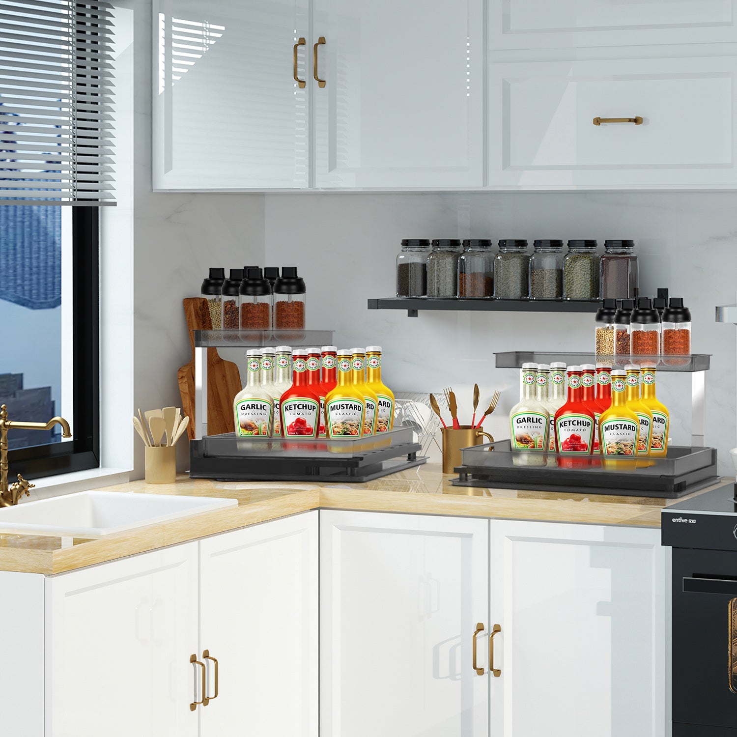 Under Sink Organizer Cabinet L-Shaped Slide Out 2 Tier Rack